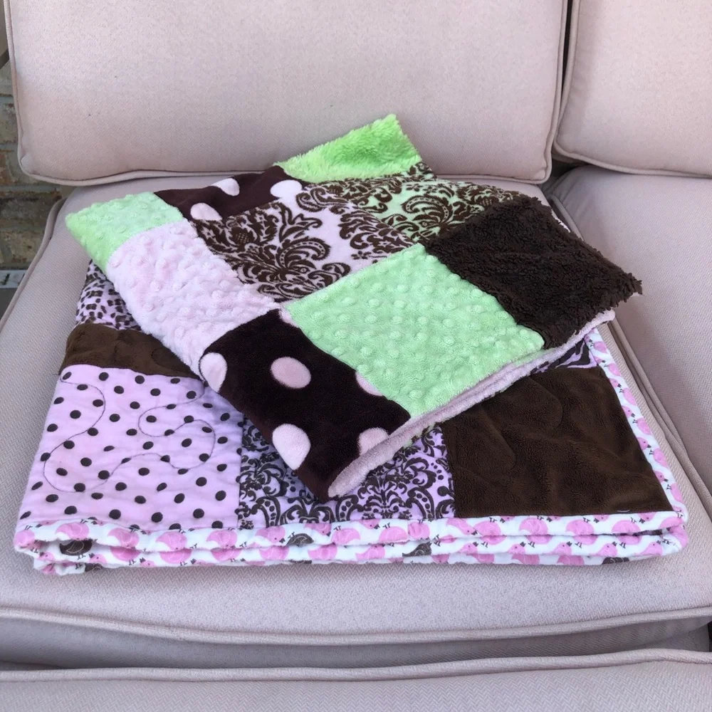 Lot Of 1 Baby Girl Pink Brown Green Cotton Quilt and 1 Soft Blanket Patchwork